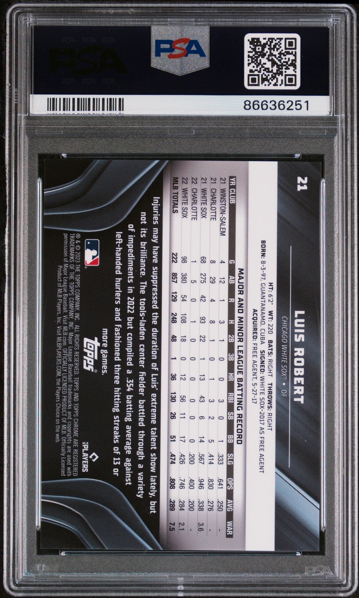 2023 TOPPS CHROME BLACK LUIS ROBERT GREEN REFRACTOR #21 - PSA 10 2